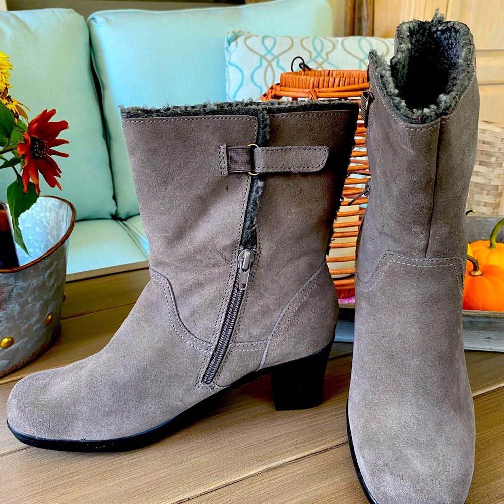 Clarks winter booties with 2” heel, faux shearling.